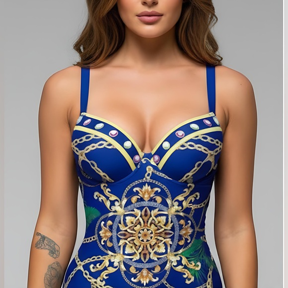 Blue Chain Print Push Up One Piece Swimsuit With Beach Skirt - Picture 5 of 11